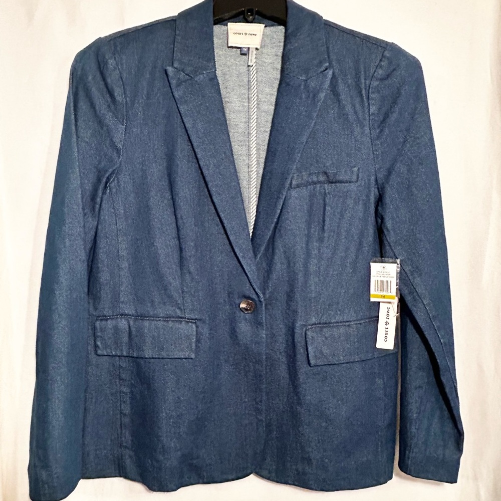 WOMENS NEW SIZE 14 COURT & ROWE BLUE 1 BUTTON FAUX POCKETS DENIM JEAN BLAZER